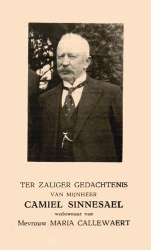 Voorzijde bidprentje van bakker Camiel Sinnesael-Callewaert (Bron: Roger Sinnesael).