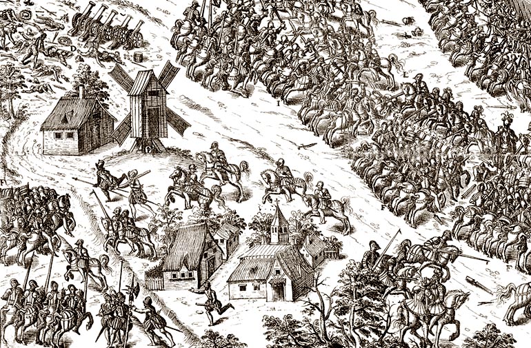 Gevecht tussen katholieke en protestantse legers tijdens de Tachtigjarige Oorlog (15681648). Frans Hogenberg. 1588. 