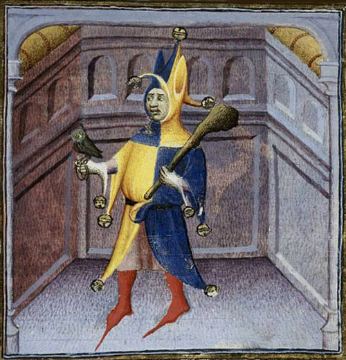 Een nar met bellen en narrenstaf. Min. 1511 (Londen, British Library.
