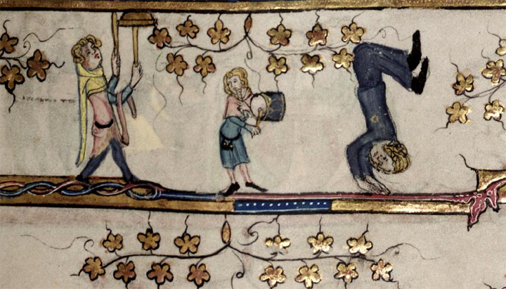 Een tuimelaar, begeleid door 2 muzikanten. Miniatuur, 1338. Oxford University, Bodleian Old Library.