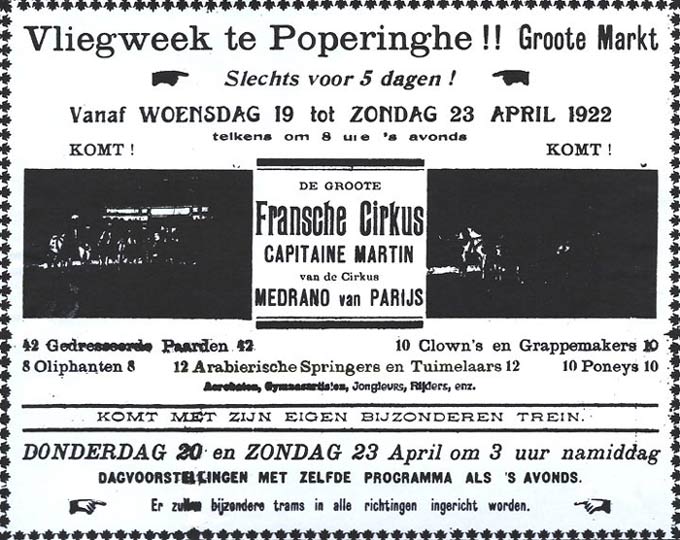 Reclame in Poperingse krant vor het Parijse Circus Medrano. Op de affiche: tuimelaars, jongleurs, springers, grappenmakers...