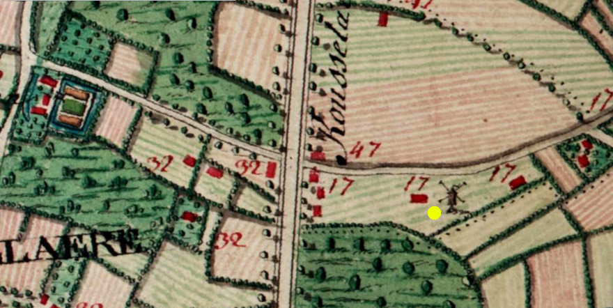 De Veldmolen (met gele stip aangeduid), (Bron: Kabinetskaart van de Oostenrijkse Nederlanden van J. de Ferraris, 1773)
