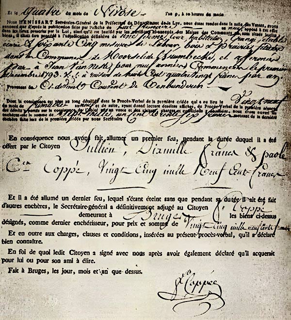 Handtekening van Paole Coppe, onderaan de verkoopsakte van de Gasthuishoeve (1800)