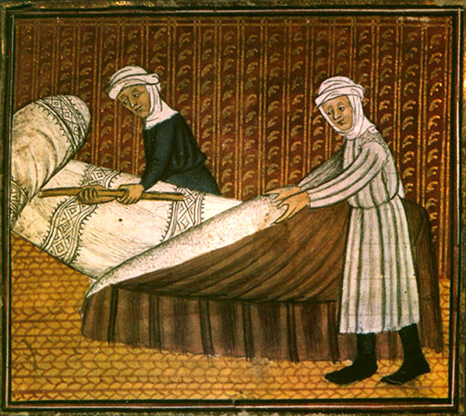 Twee zusters aan het werk in de gastenruimte. Miniatuur, 15de eeuw (Bron: Parijs, Coll. Bibl. Sainte Genevieve).