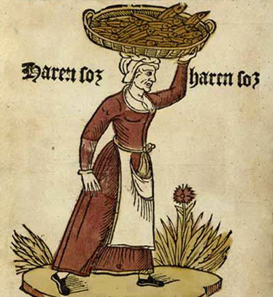 Vrouw met mand vol vissen.Tekening, ca. 1500 (bron: Wikimedia/Parijs, BN).