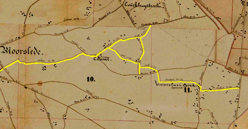 De sentier n 69 oftewel Tuymelaervoetweg (geel gearceerd) op de kaart van de Atlas der Buurtwegen uit 1842