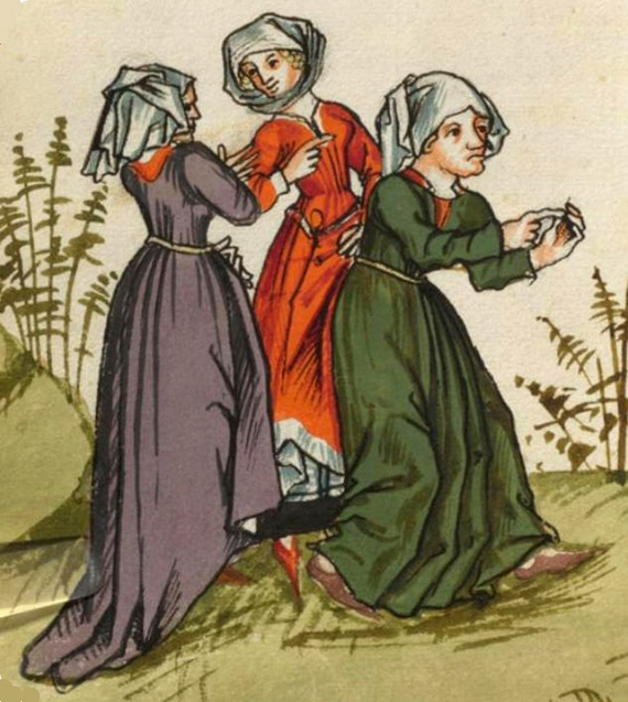 Drie vrome vrouwen. Miniatuur, 14de eeuw (Bron: Frakfurt am Main, Bibliotheek Goethe Universeit).