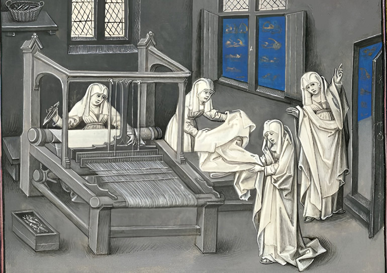 Zusters aan het weefgetouw. Brugse miniatuurschilder Willem Vrelant, 1450 (Bron: Erlangen, Universiteitsbibliotheek).