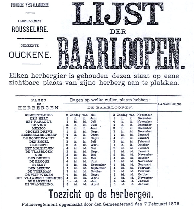 Politiereglement voor de baarloopherbergen. Aanplakbrief. Oekene, 1876.