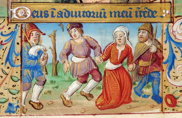 Dansen op muziek van de doedelzak. Miniatuur uit een Frans getijdenboek, omstreeks het jaar 1500.