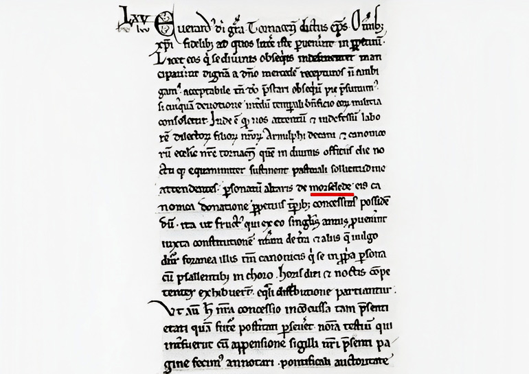 Oorkonde waarin bisschop Everhard van Doornik de Moorsleedse kerk schenkt aan zijn kapittel van kanunniken. Doornik, Kathedraalarchief. Cartularium C.