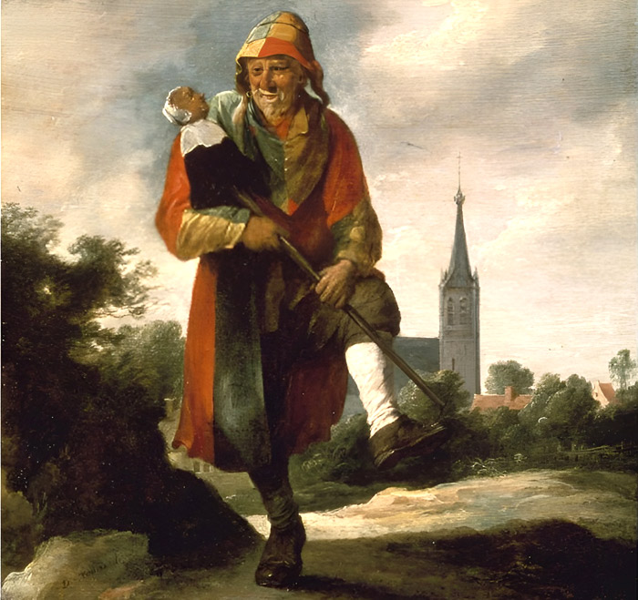 Een nar met zijn zotskolf (= narrenstaf). David Teniers de Jonge. Ca. 1640 (Bron: Wikimedia/Moskou, Poesjkinmuseum).