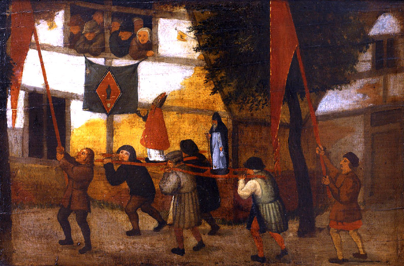 Processie. Uitsnede van De Dorpskermis. Pieter Brueghel de Jonge. Ca. 1640 (Bron: Wikimedia).