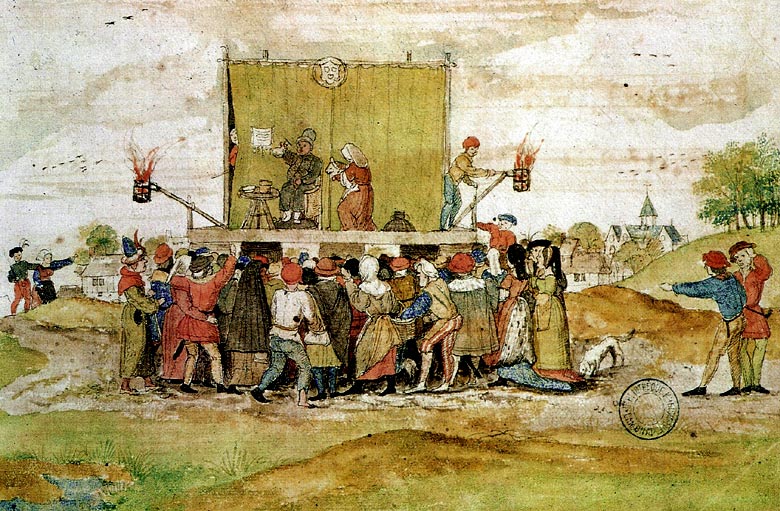 Toneelspel op een dorpsfeest. Miniatuur. Brugs liedboek van Zeghere van Male, 1542 (Bron: Cambrai Biblioth�que municipale).